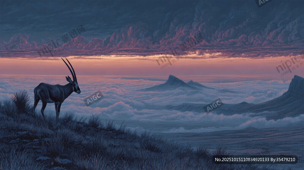 黄昏羚羊立云端美景