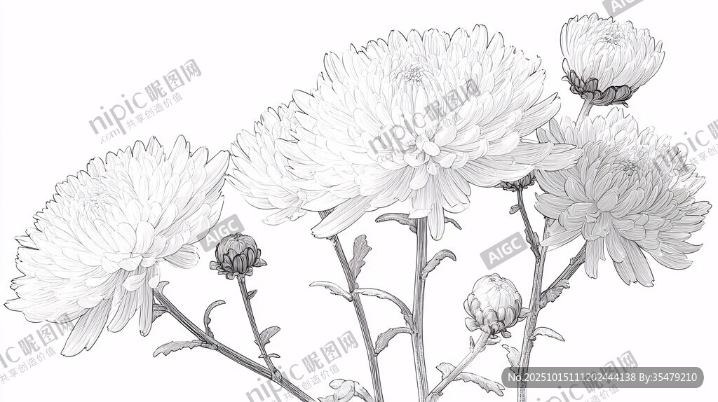素描菊花花卉线稿图