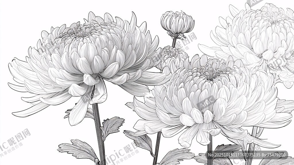 菊花线稿插画 优雅花卉图案