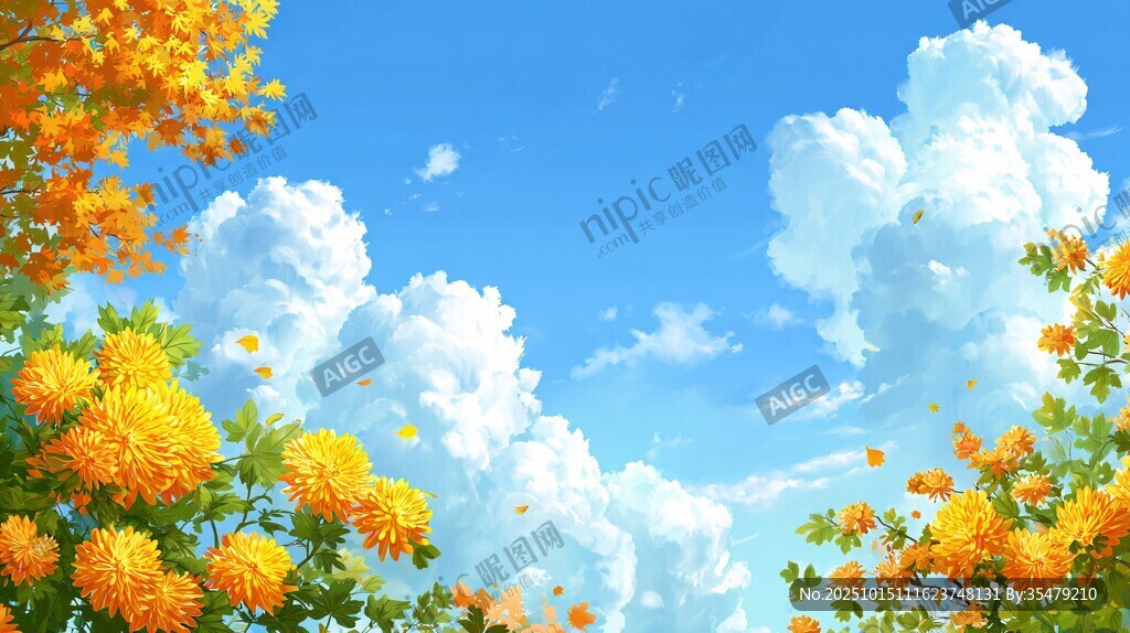 秋日繁花蓝天梦幻景致