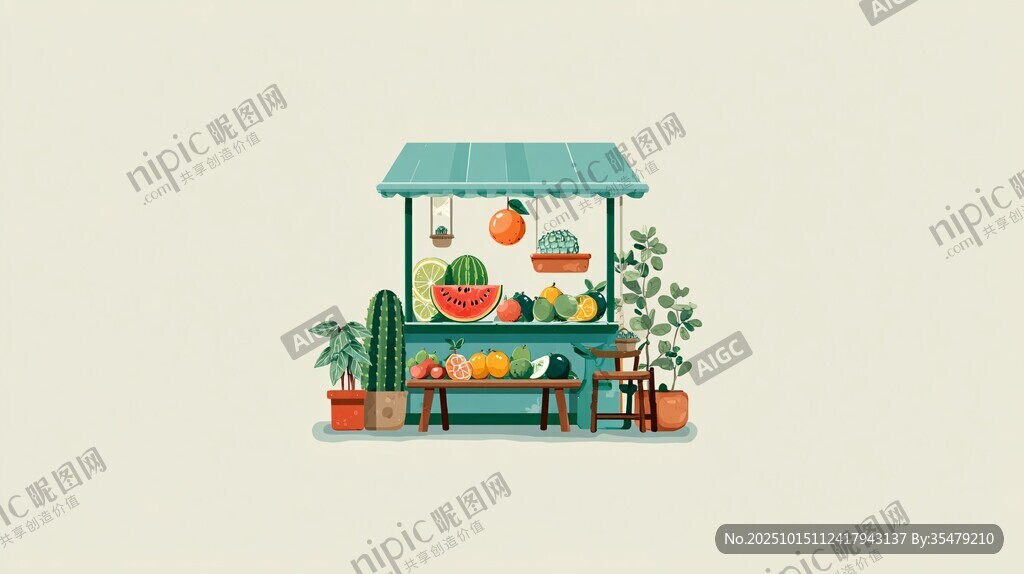 清新水果摊插画