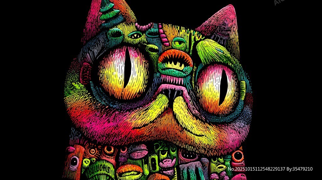 彩色奇幻猫咪艺术插画