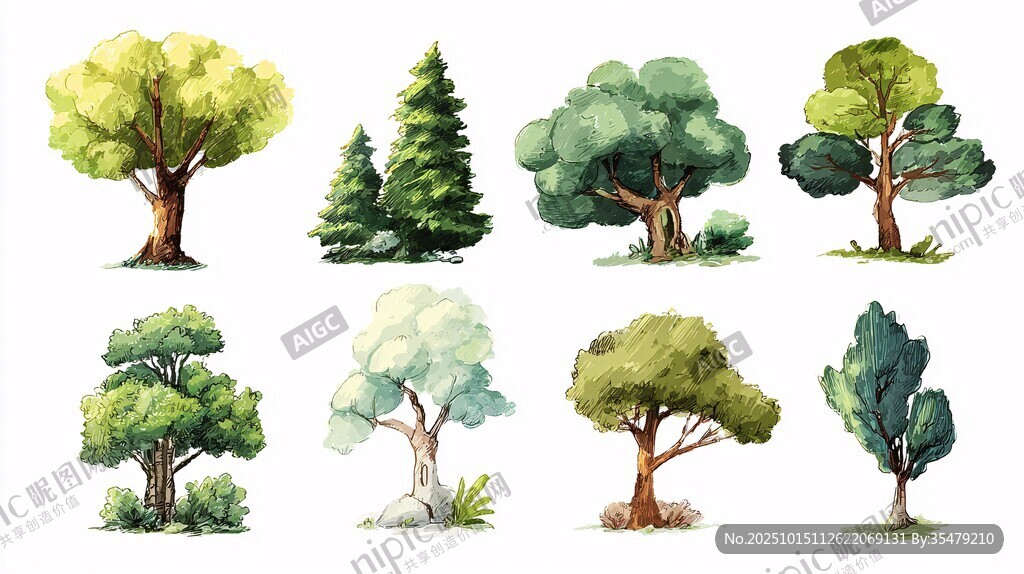 手绘多样树木插画集合