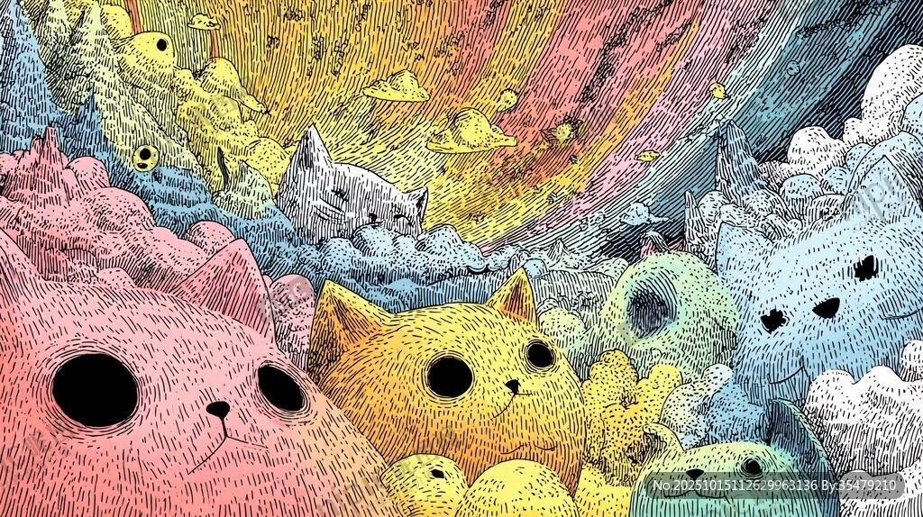 多彩毛绒猫咪奇幻场景