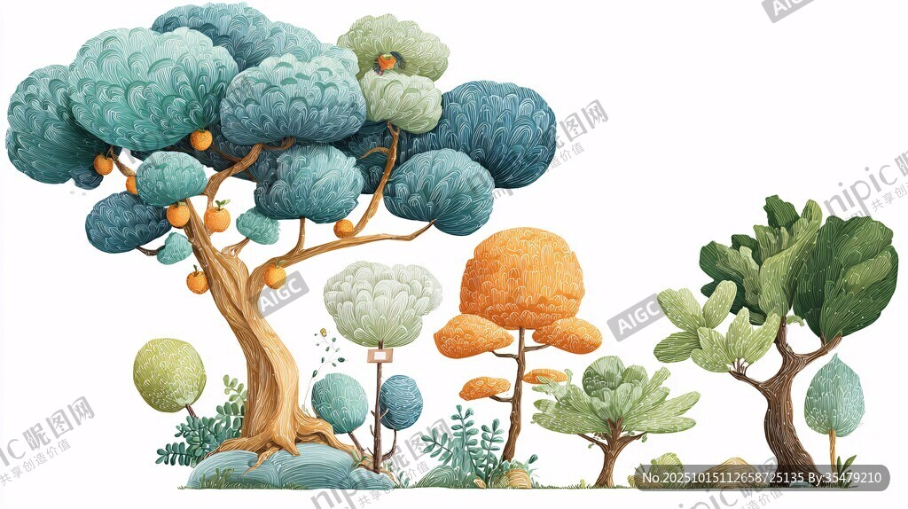 梦幻多彩树木插画景观