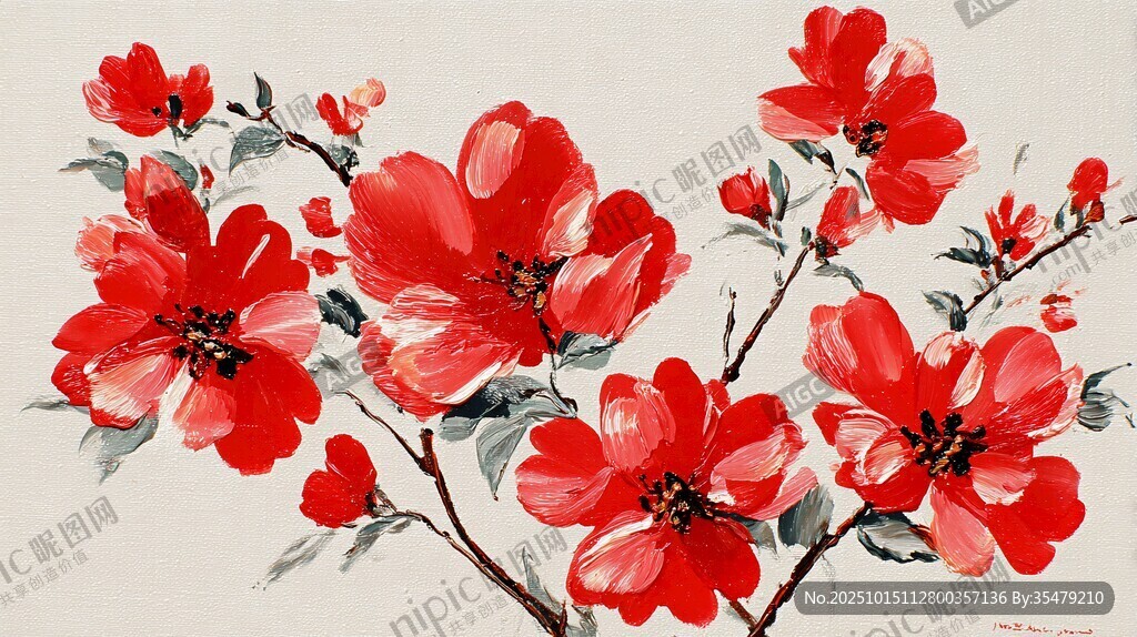 手绘红色花卉艺术画作