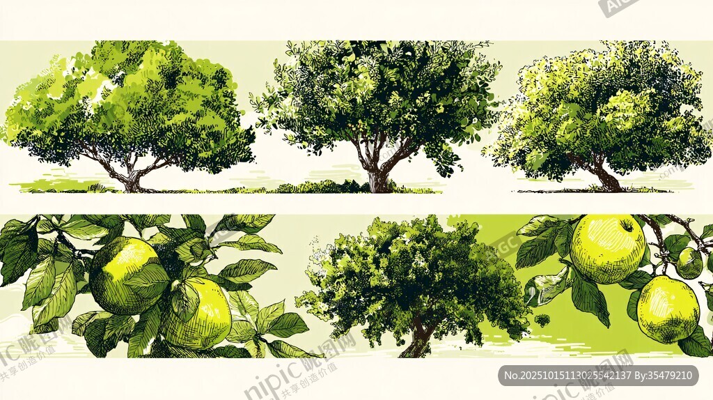 手绘翠绿果树与果实图景
