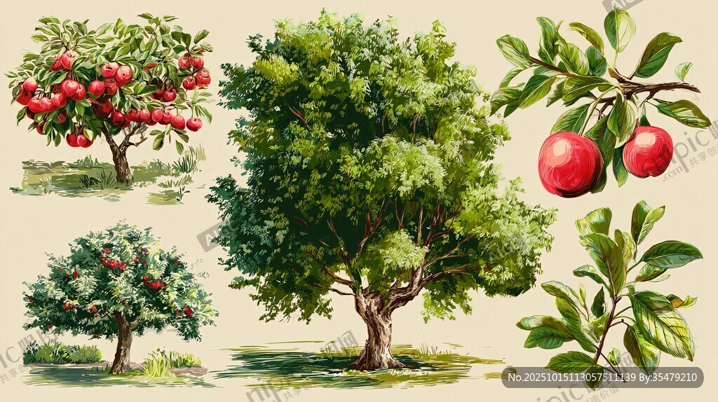 手绘苹果树及果实插画