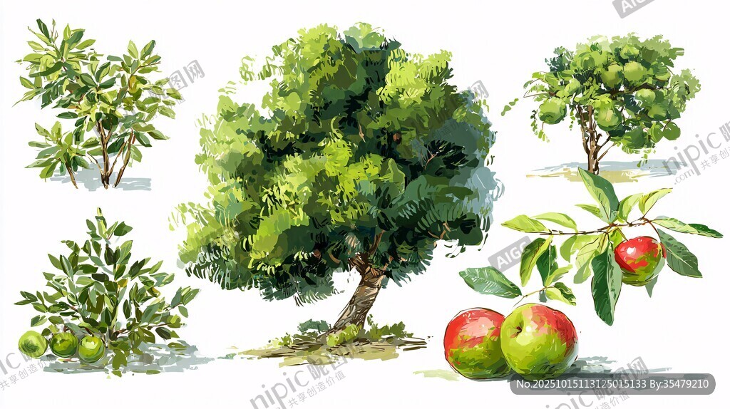 多样果树与果实水彩插画
