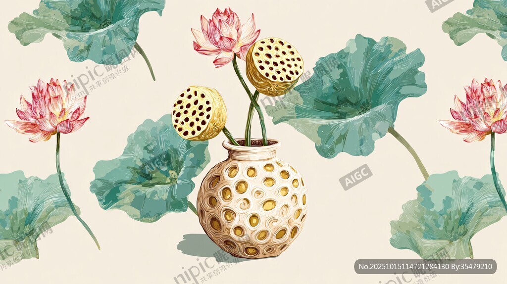 花瓶插荷图 清新雅致风
