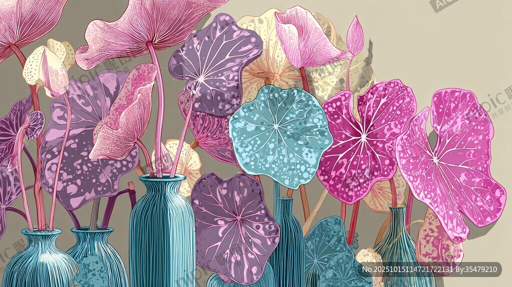 蓝瓶中多彩花卉插画