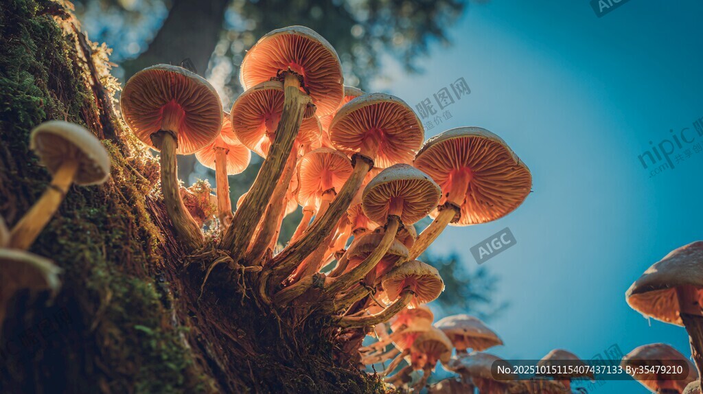 树干上的艳丽蘑菇群落