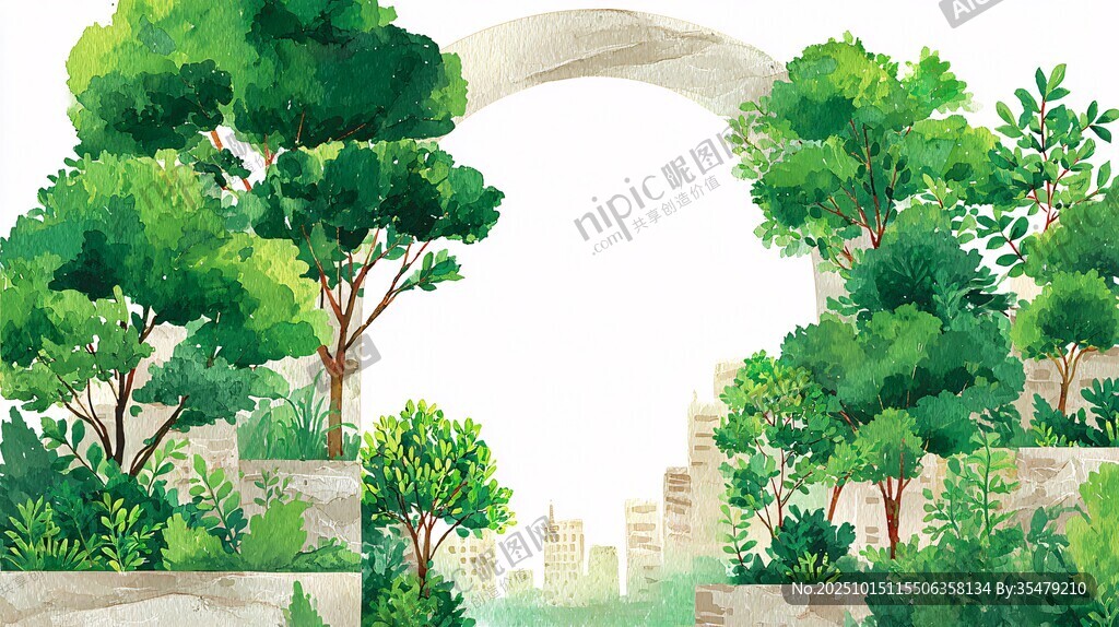 森林拱门后的城市景观