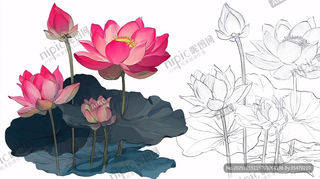 粉色荷花插画及线稿展示