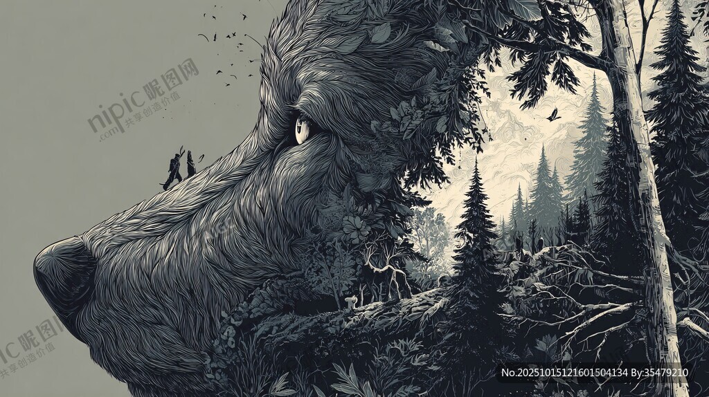 熊与森林的奇幻融合画面