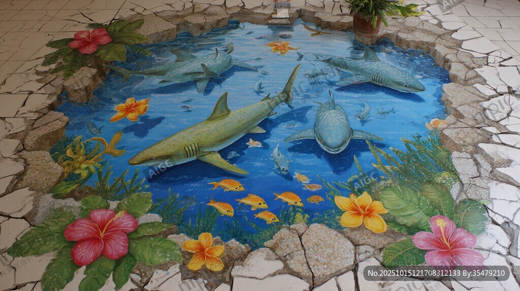 地面3D海洋鲨鱼花卉彩绘