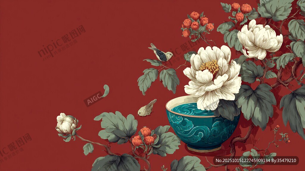 中式花瓶牡丹花鸟图