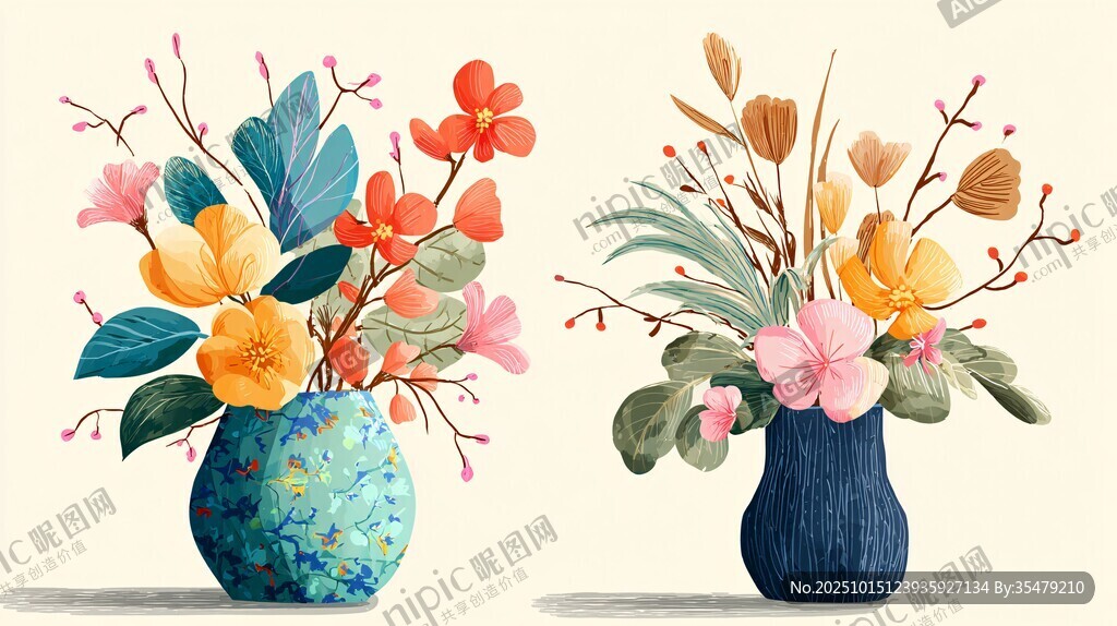 两花瓶插满多彩花卉