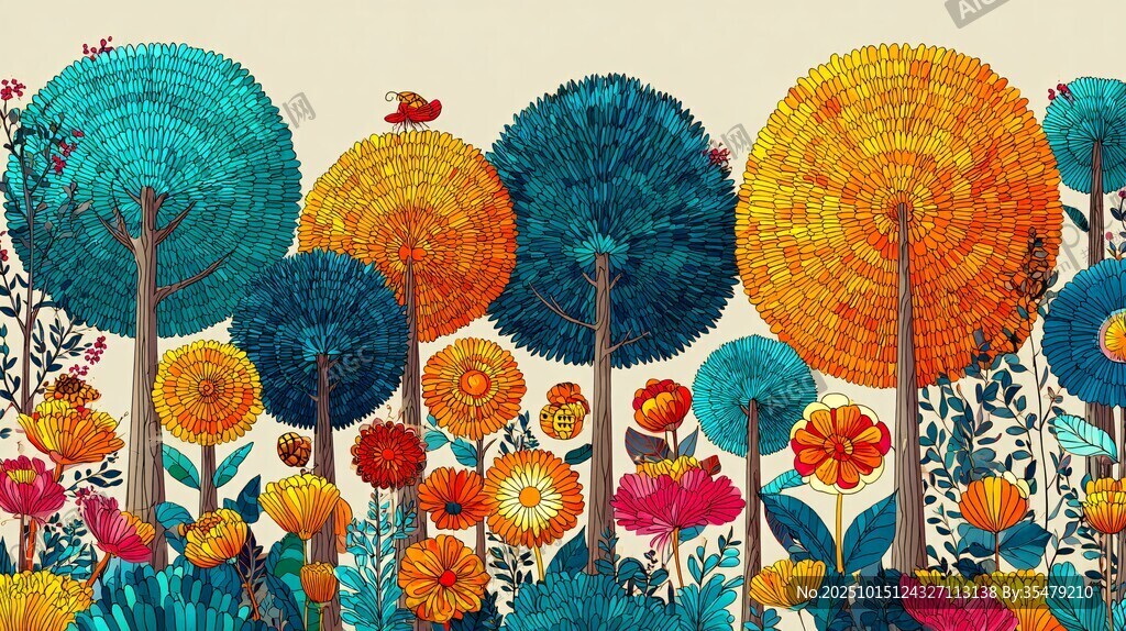 梦幻多彩森林花卉插画