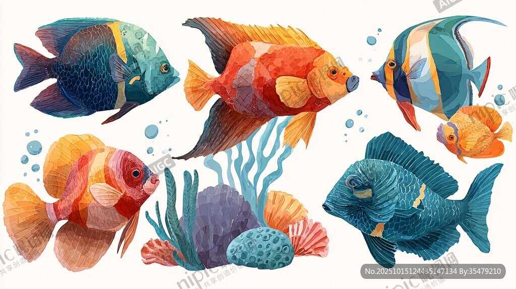 缤纷多彩的海洋鱼类插画
