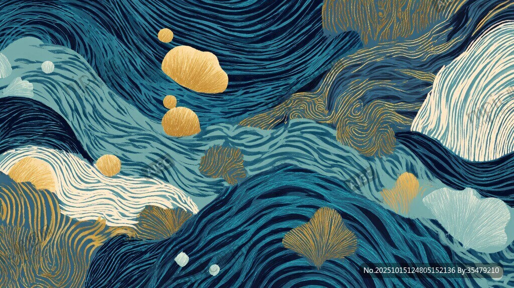 梦幻蓝金海浪插画