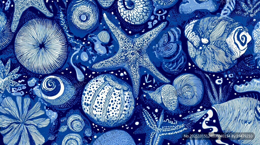 海洋生物蓝调手绘图案