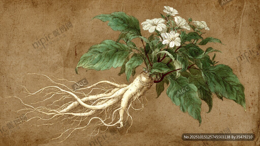 复古风植物插画 人参花卉