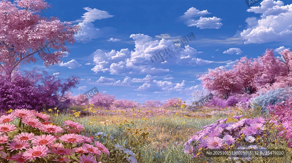 梦幻粉紫花海蓝天美景