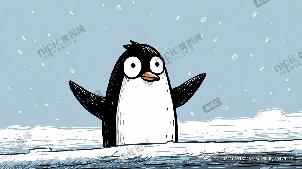 雪地中可爱的企鹅张开双臂