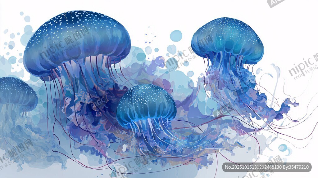 梦幻蓝水母水彩艺术画面