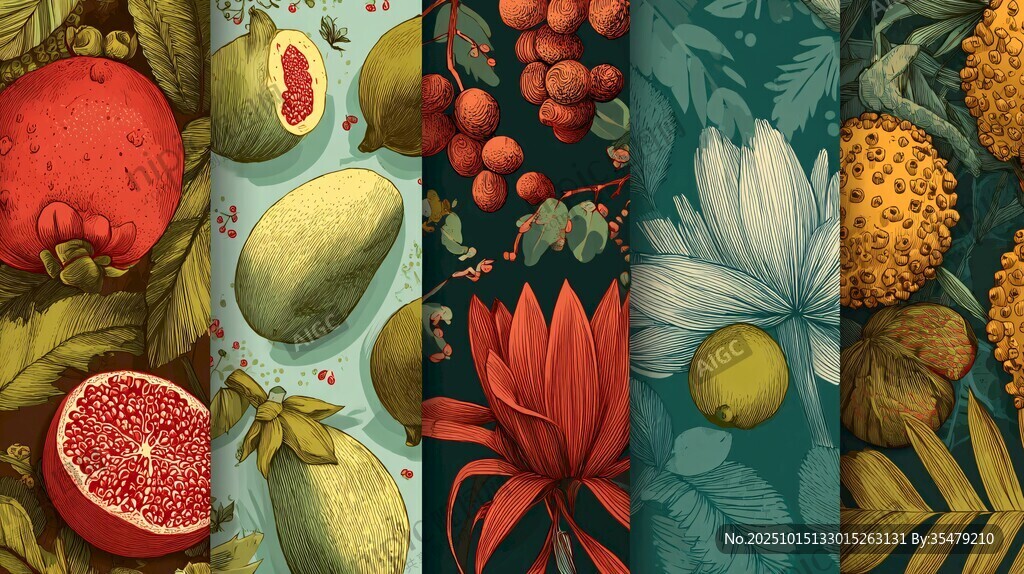 缤纷水果花卉复古风插画