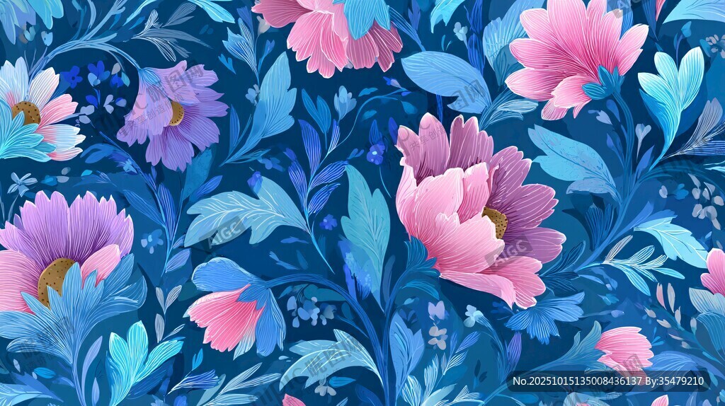梦幻蓝底花卉图案设计