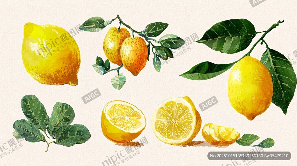 水彩风柠檬及枝叶插画