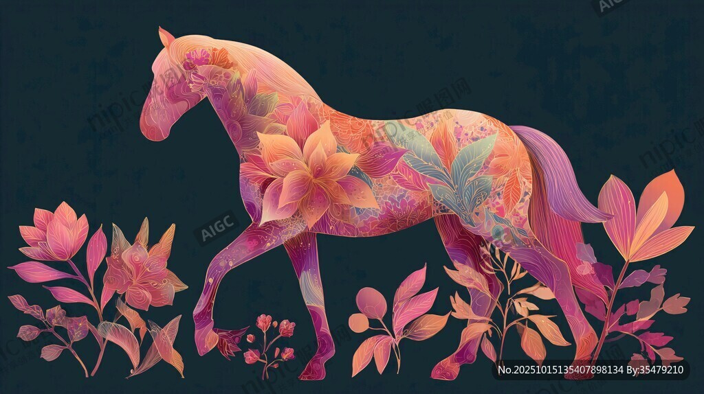 梦幻花卉骏马图