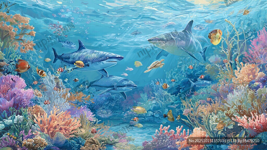 梦幻海底世界的海豚与珊瑚