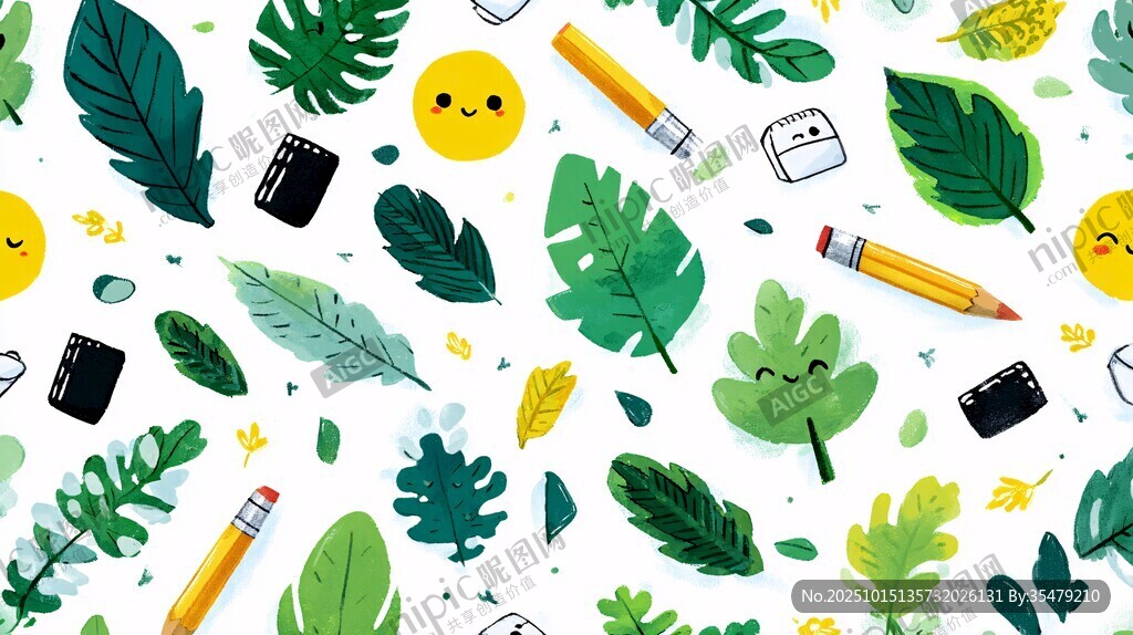 童趣文具绿叶无缝背景图