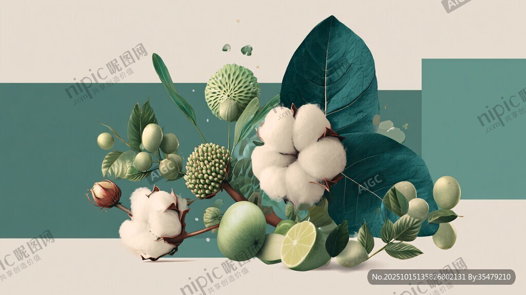 清新绿植棉花静物组合
