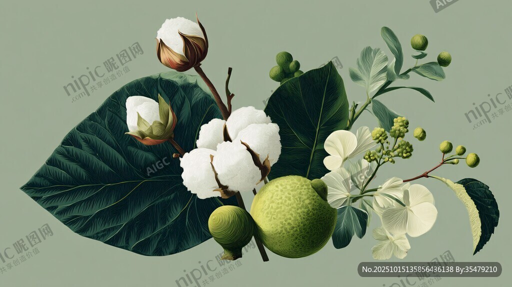 棉花绿植组合清新插画