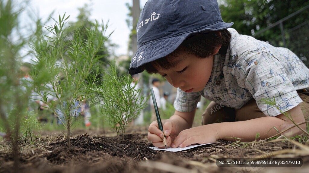 孩童专注记录植物生长