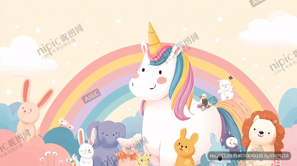 独角兽与动物们的梦幻场景