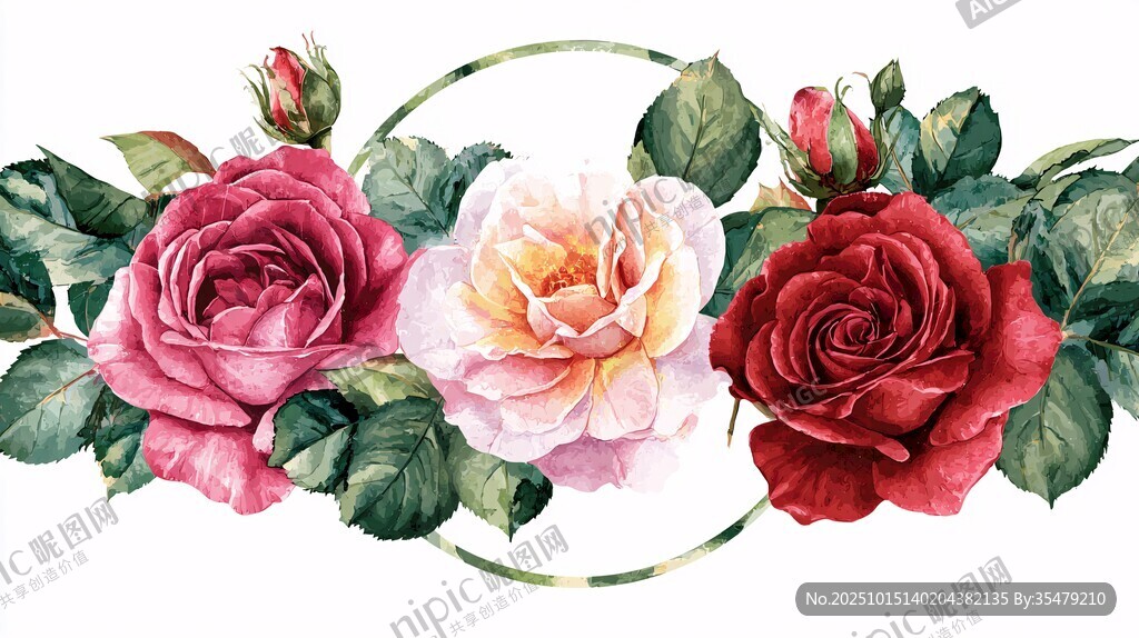 三色玫瑰环绕装饰插画