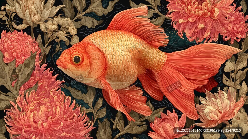 金鱼游弋于繁花之间