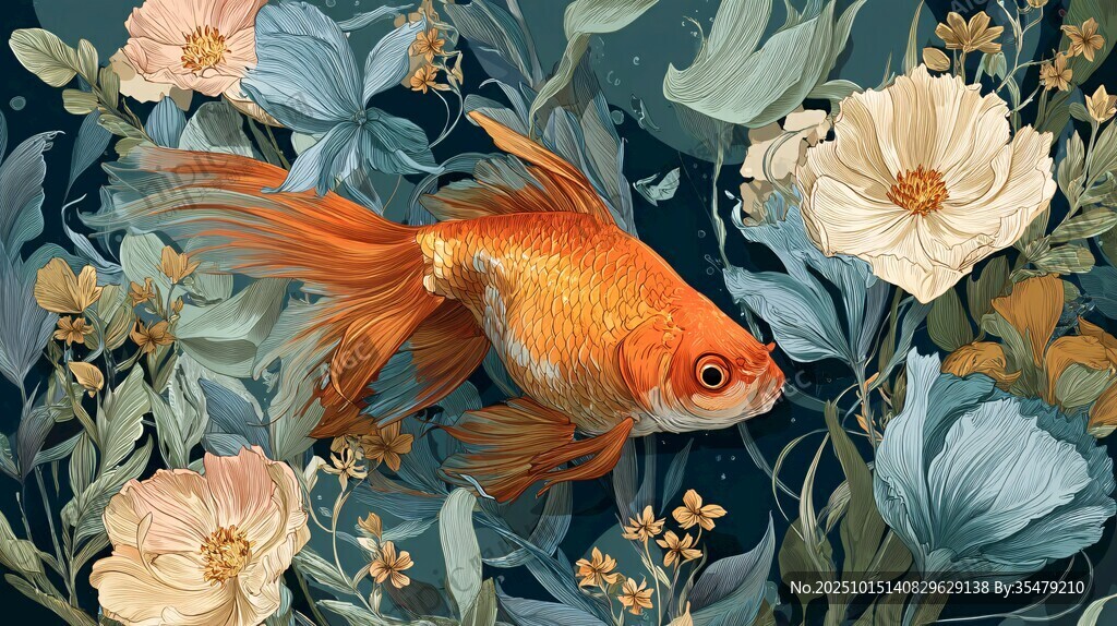 金鱼游弋于繁花绿叶间