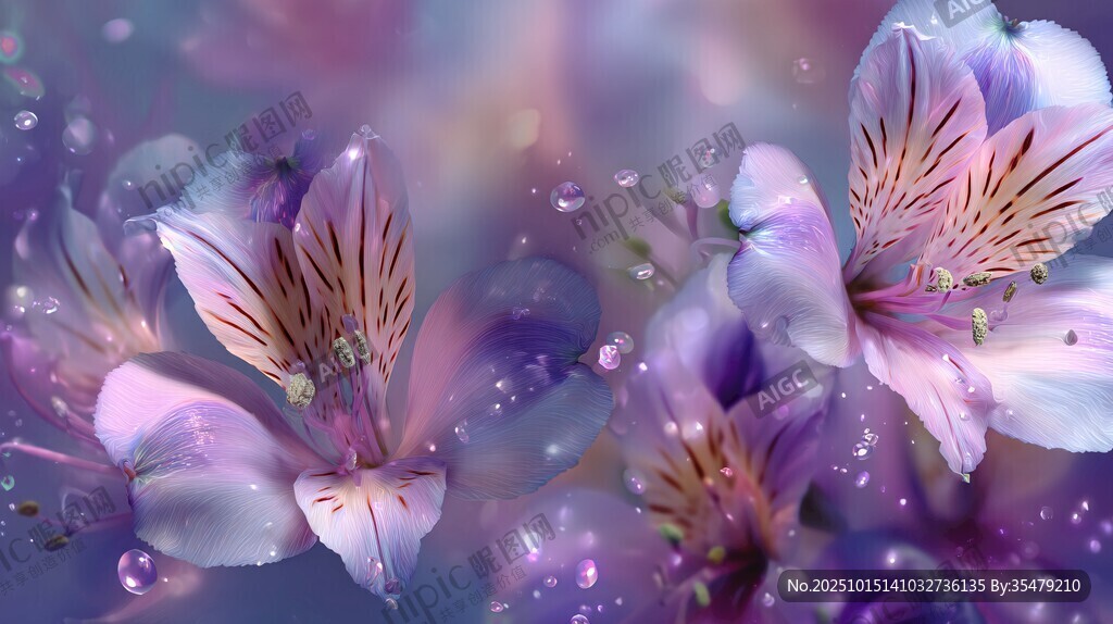 梦幻紫花绽露晶莹水珠