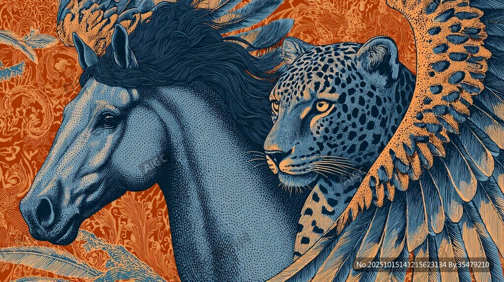 飞翼豹与骏马奇幻插画