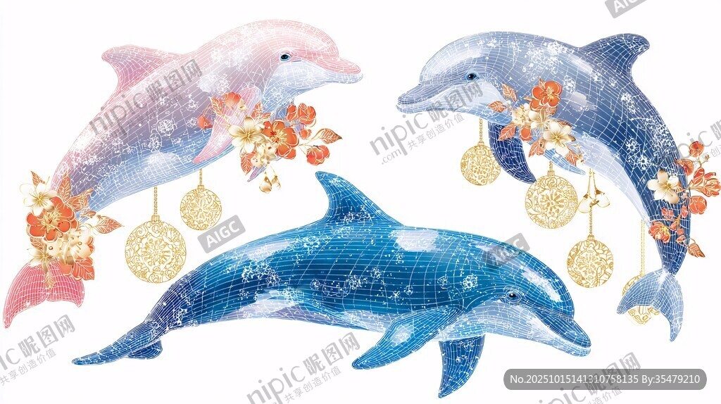 梦幻海豚与花卉装饰图案