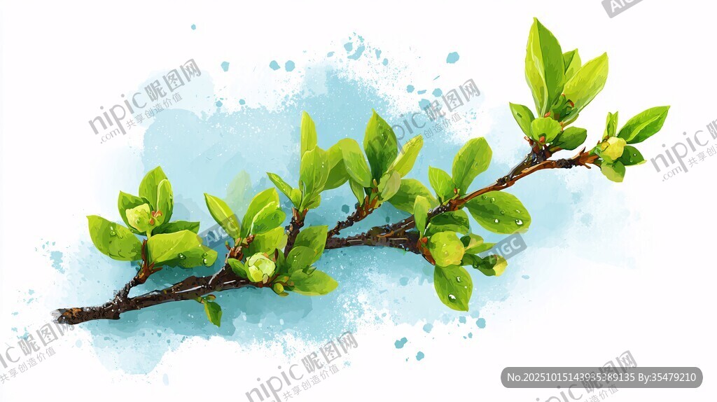 水彩绘嫩绿枝叶清新画面