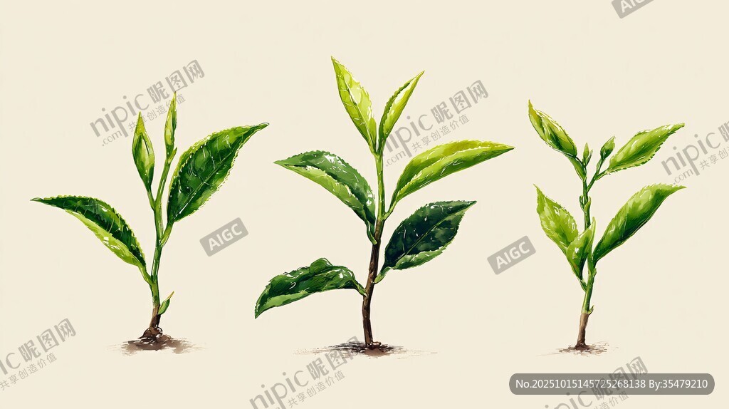 三株嫩绿茶树插画
