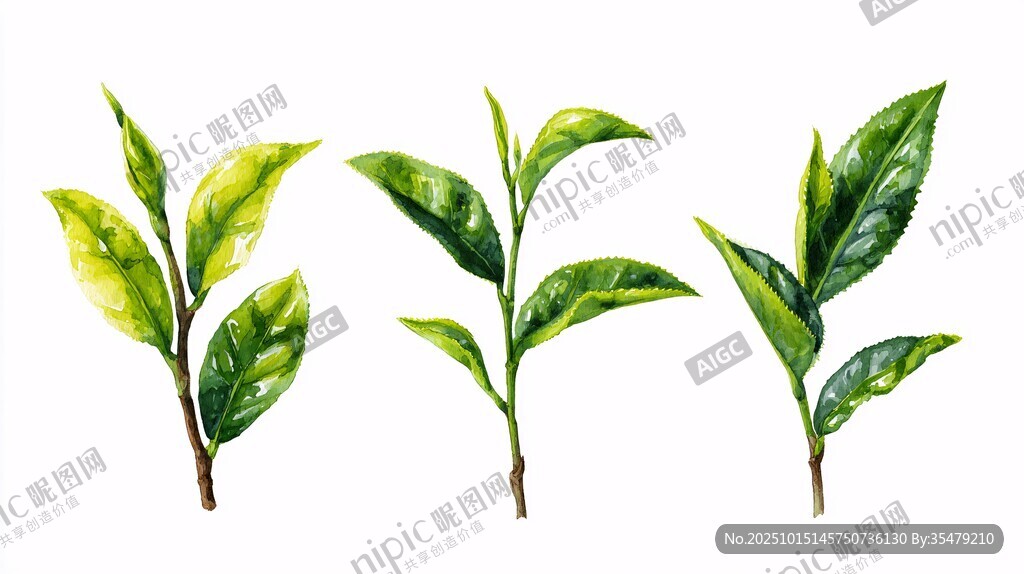 水彩绘嫩绿茶叶三株