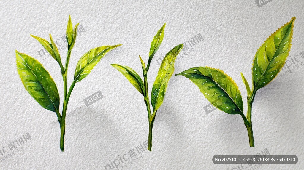 三株嫩绿茶叶插画展示